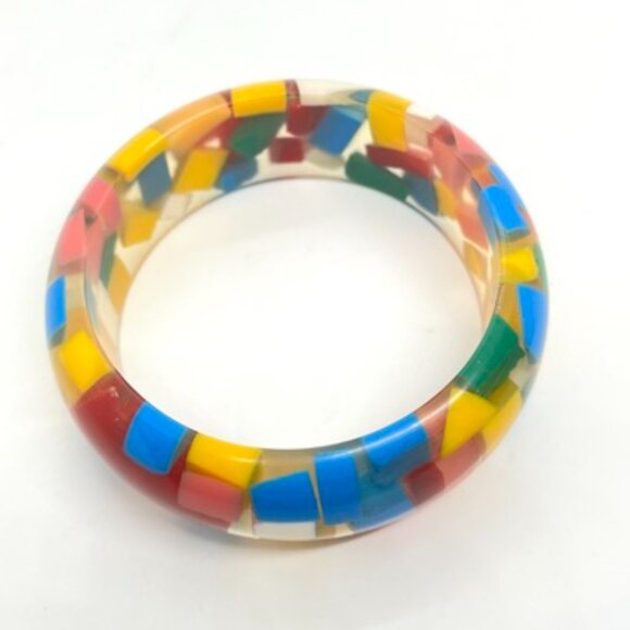 VINTAGE LUCITE COLORFUL CUBE RECTANGLE POP ART BANGLE BRACELET CLEAR GEOMETRIC - Picture 6 of 14